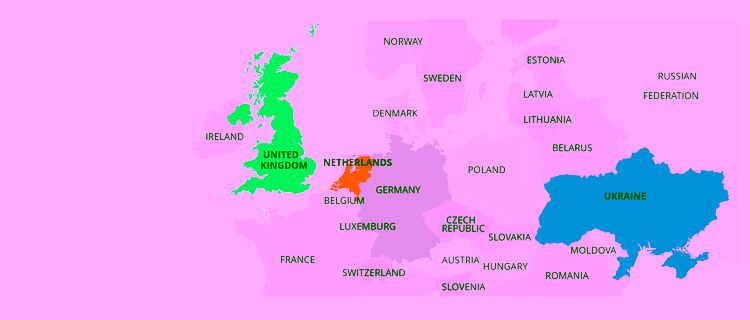 Map of Europe with countries of beneficiaries highlighted.